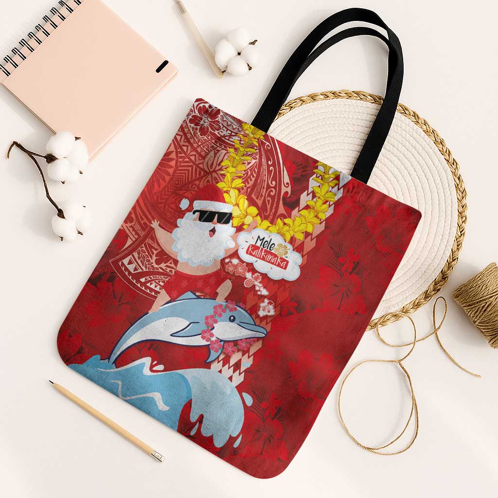 Hawaiian Mele Kalikimaka Tote Bag Funny Santa Riding Lei Dolphin with Kakau Tattoos - Polynesian Pride