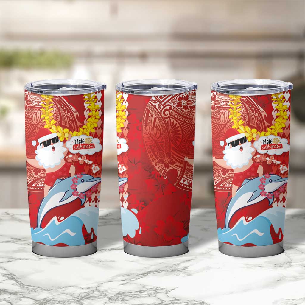 Hawaiian Mele Kalikimaka Tumbler Cup Funny Santa Riding Lei Dolphin with Kakau Tattoos - Polynesian Pride