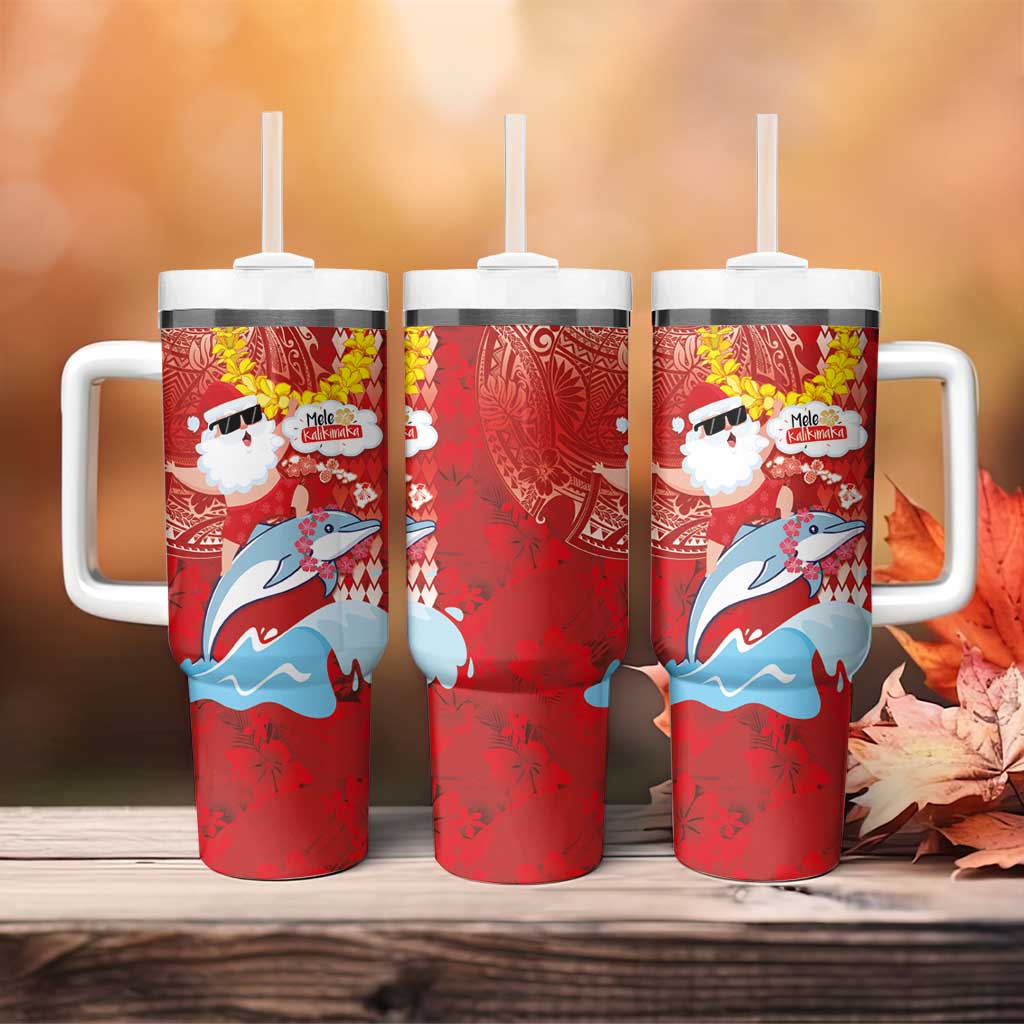 Hawaiian Mele Kalikimaka Tumbler With Handle Funny Santa Riding Lei Dolphin with Kakau Tattoos - Polynesian Pride