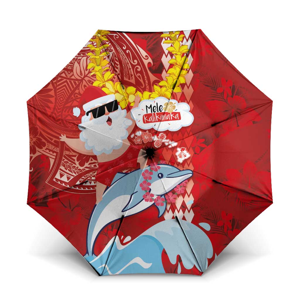 Hawaiian Mele Kalikimaka Umbrella Funny Santa Riding Lei Dolphin with Kakau Tattoos - Polynesian Pride