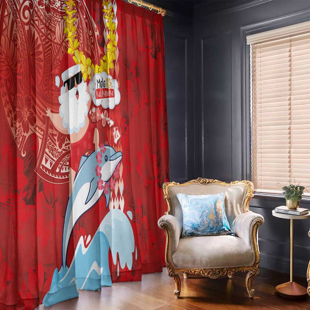 Hawaiian Mele Kalikimaka Window Curtain Funny Santa Riding Lei Dolphin with Kakau Tattoos - Polynesian Pride