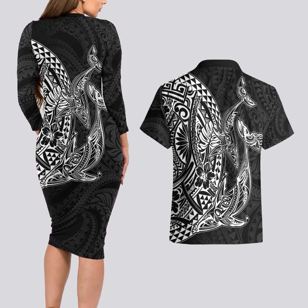 Hawaiian Whales Polynesian Art Motifs Couples Matching Long Sleeve Bodycon Dress and Hawaiian Shirt Black Color - Polynesian Pride