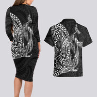 Hawaiian Whales Polynesian Art Motifs Couples Matching Long Sleeve Bodycon Dress and Hawaiian Shirt Black Color - Polynesian Pride