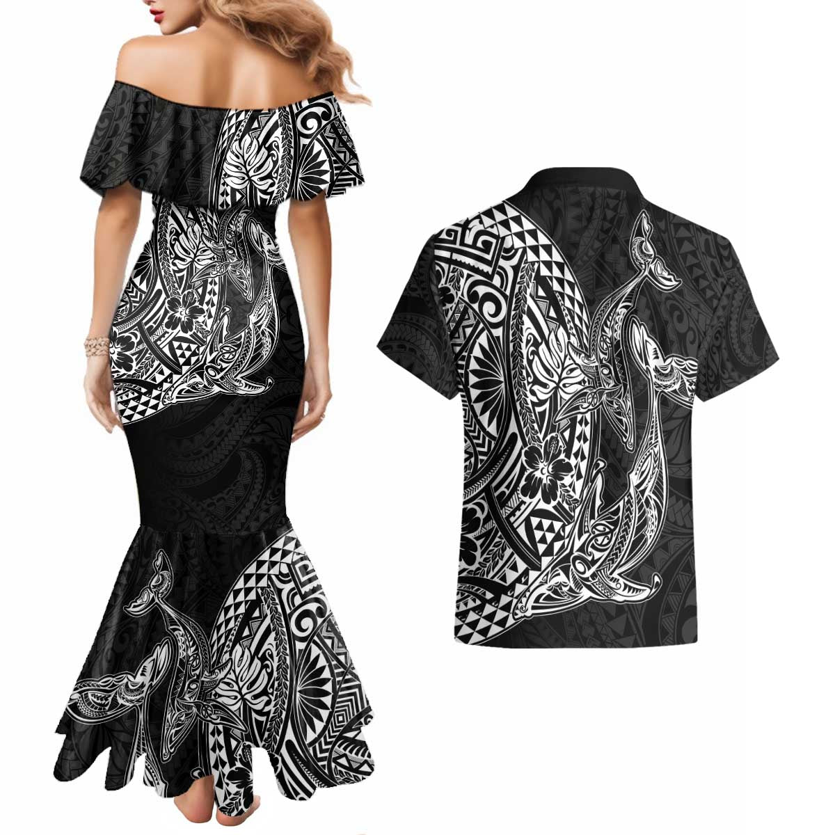 Hawaiian Whales Polynesian Art Motifs Couples Matching Mermaid Dress and Hawaiian Shirt Black Color - Polynesian Pride