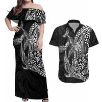 Hawaiian Whales Polynesian Art Motifs Couples Matching Off Shoulder Maxi Dress and Hawaiian Shirt Black Color - Polynesian Pride