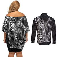 Hawaiian Whales Polynesian Art Motifs Couples Matching Off Shoulder Short Dress and Long Sleeve Button Shirt Black Color - Polynesian Pride