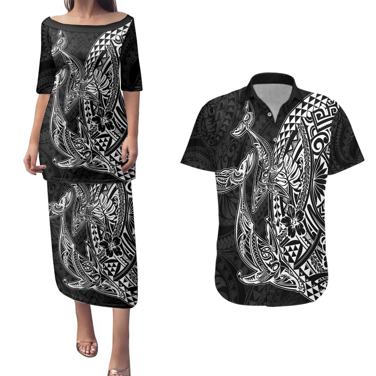 Hawaiian Whales Polynesian Art Motifs Couples Matching Puletasi and Hawaiian Shirt Black Color - Polynesian Pride