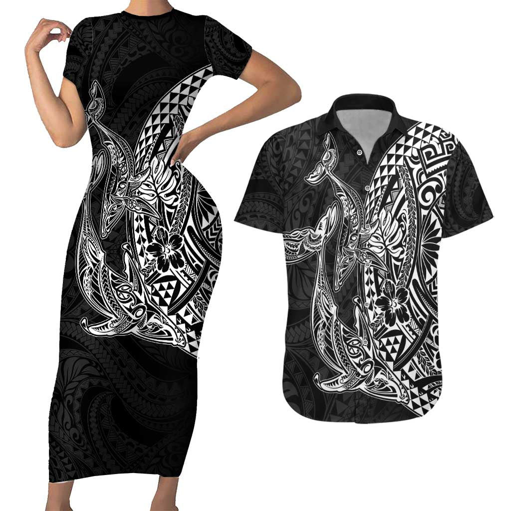 Hawaiian Whales Polynesian Art Motifs Couples Matching Short Sleeve Bodycon Dress and Hawaiian Shirt Black Color - Polynesian Pride