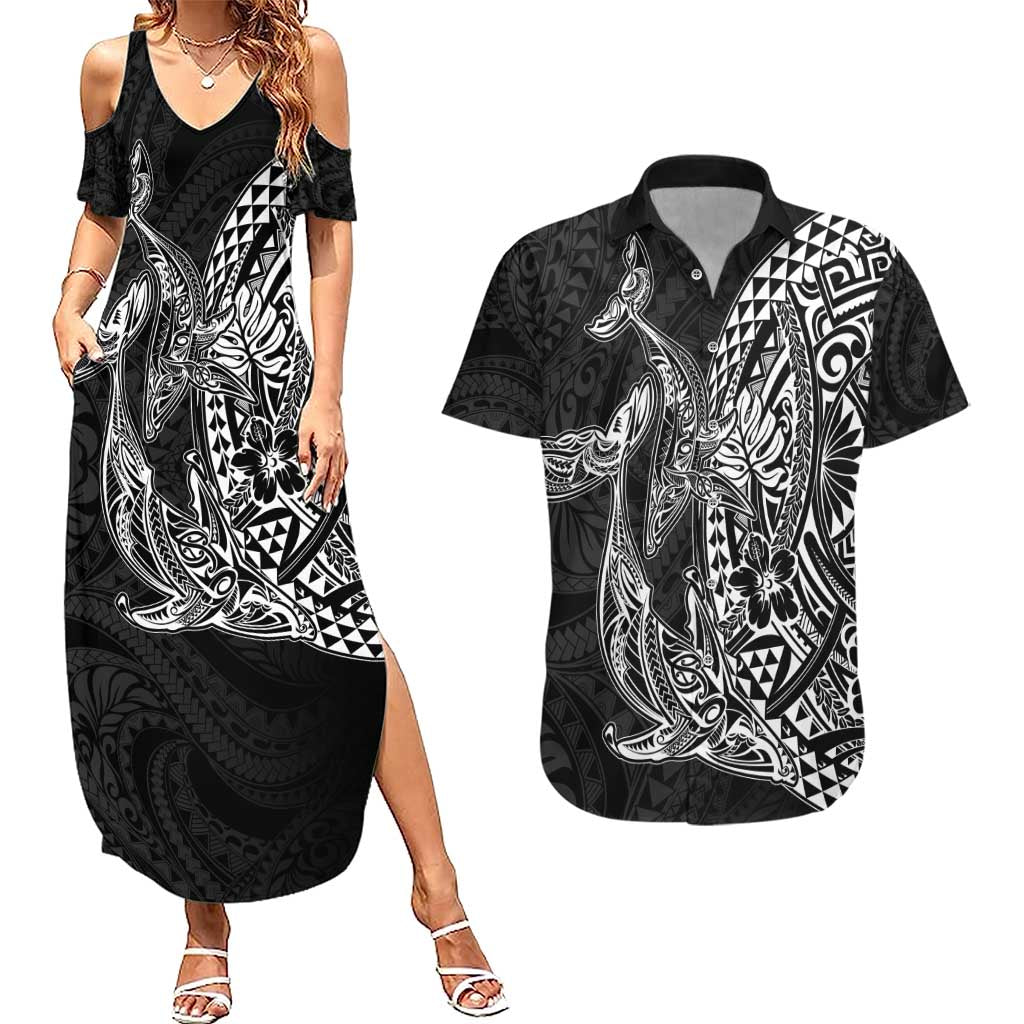 Hawaiian Whales Polynesian Art Motifs Couples Matching Summer Maxi Dress and Hawaiian Shirt Black Color - Polynesian Pride