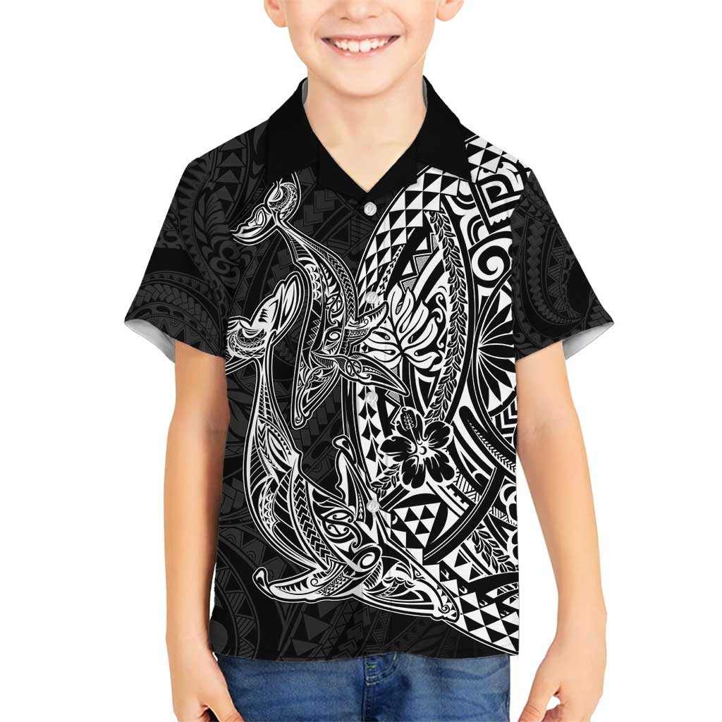 Hawaiian Whales Polynesian Art Motifs Family Matching Long Sleeve Bodycon Dress and Hawaiian Shirt Black Color - Polynesian Pride