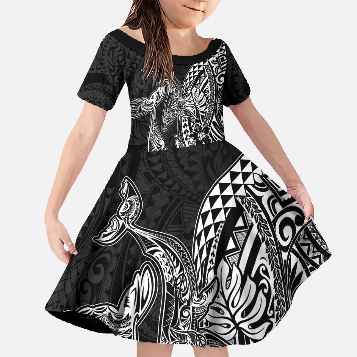 Hawaiian Whales Polynesian Art Motifs Family Matching Off The Shoulder Long Sleeve Dress and Hawaiian Shirt Black Color - Polynesian Pride