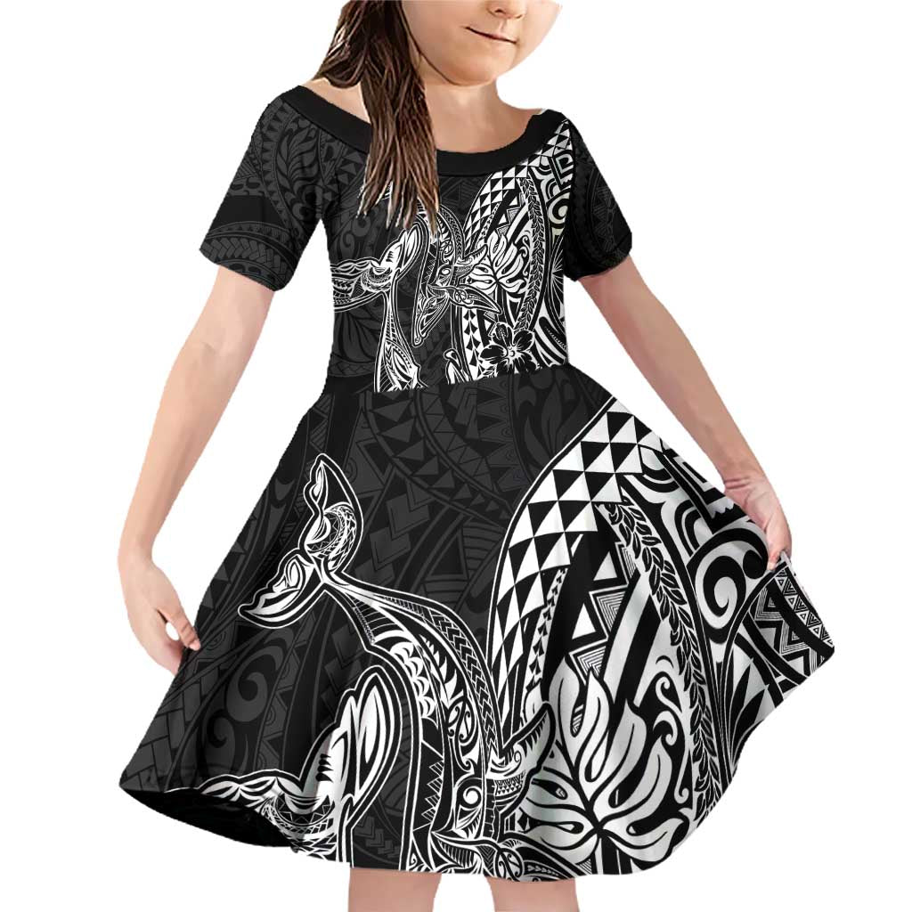 Hawaiian Whales Polynesian Art Motifs Family Matching Off Shoulder Short Dress and Hawaiian Shirt Black Color - Polynesian Pride