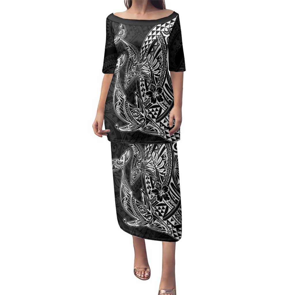 Hawaiian Whales Polynesian Art Motifs Family Matching Puletasi and Hawaiian Shirt Black Color - Polynesian Pride