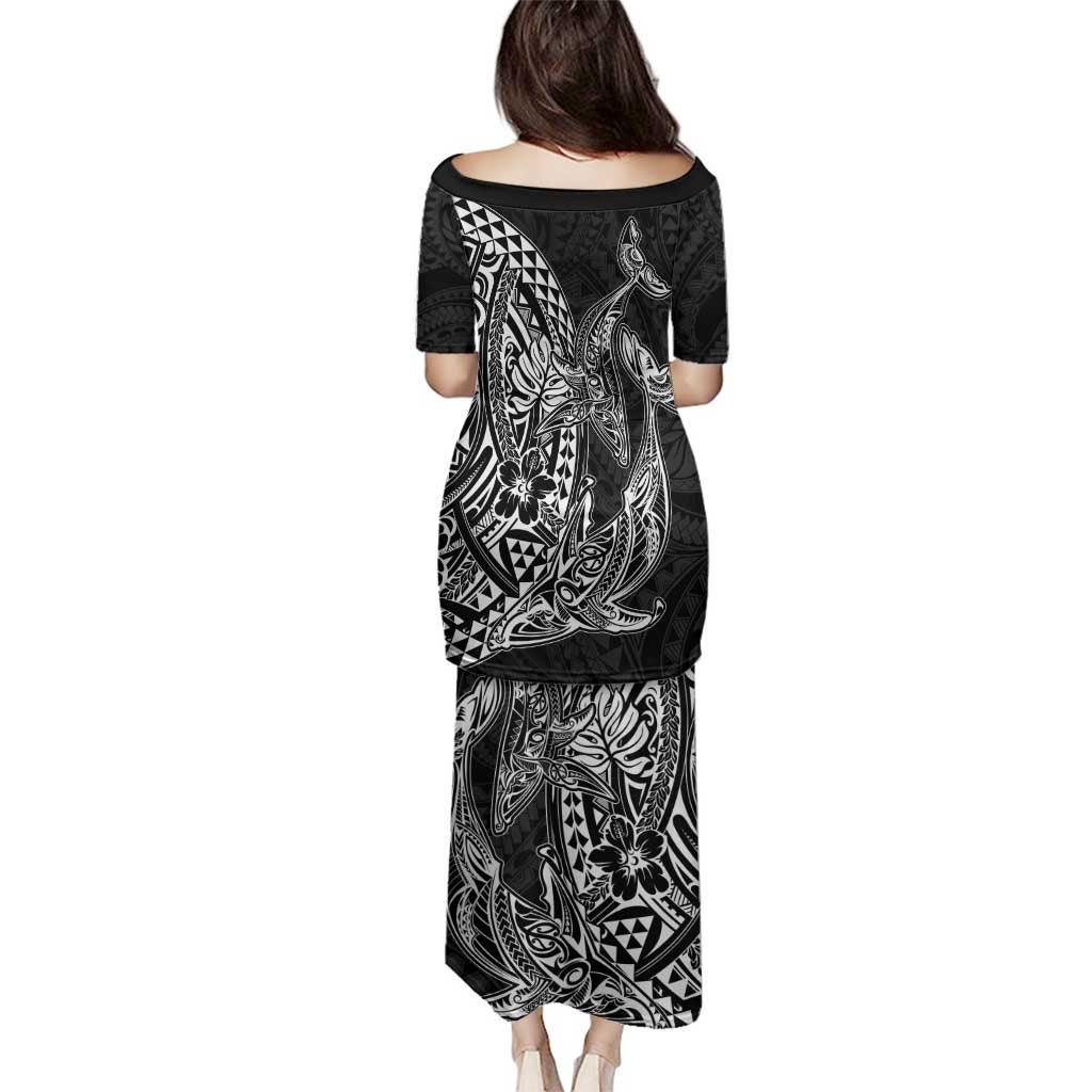 Hawaiian Whales Polynesian Art Motifs Family Matching Puletasi and Hawaiian Shirt Black Color - Polynesian Pride