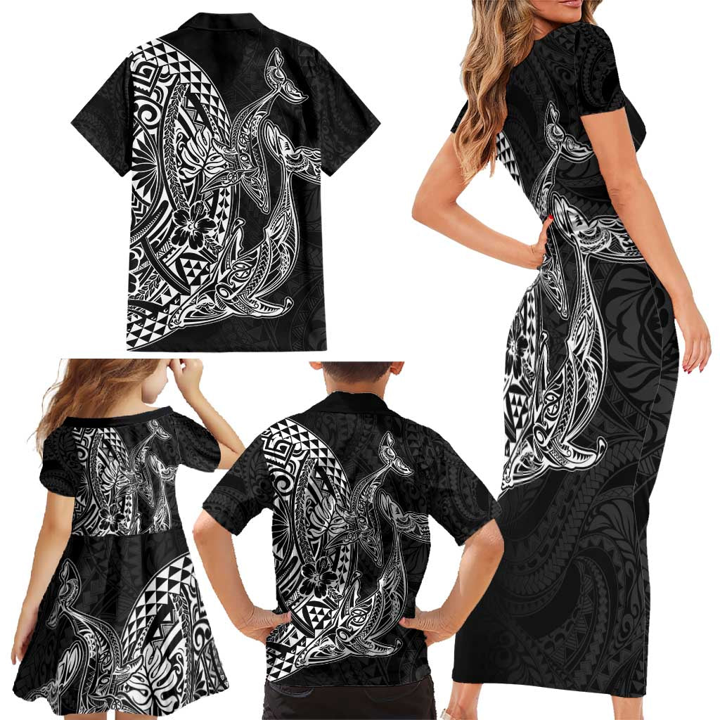 Hawaiian Whales Polynesian Art Motifs Family Matching Short Sleeve Bodycon Dress and Hawaiian Shirt Black Color - Polynesian Pride