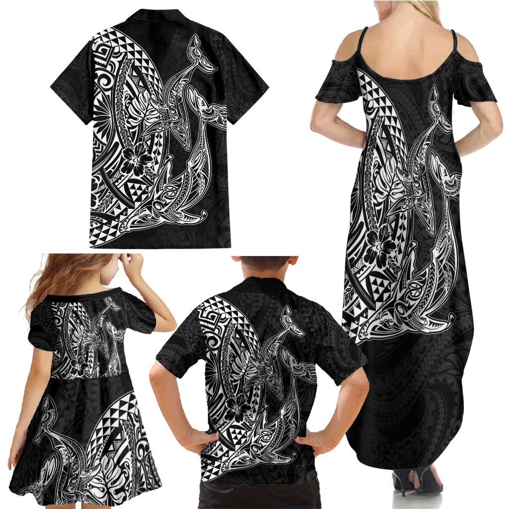Hawaiian Whales Polynesian Art Motifs Family Matching Summer Maxi Dress and Hawaiian Shirt Black Color - Polynesian Pride