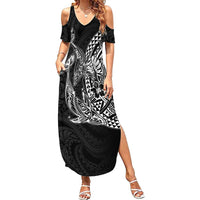 Hawaiian Whales Polynesian Art Motifs Family Matching Summer Maxi Dress and Hawaiian Shirt Black Color - Polynesian Pride