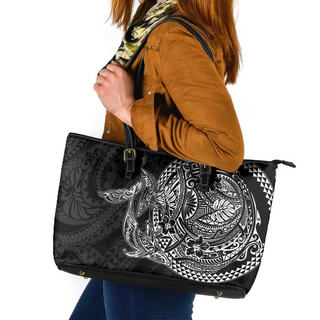 Hawaiian Whales Polynesian Art Motifs Leather Tote Bag Black Color LT03 Black - Polynesian Pride