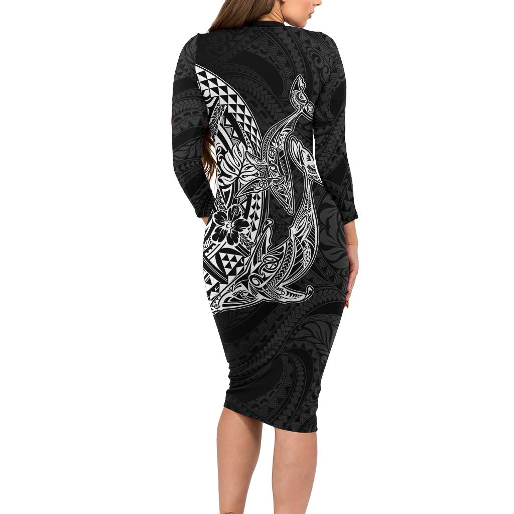 Hawaiian Whales Polynesian Art Motifs Long Sleeve Bodycon Dress Black Color - Polynesian Pride