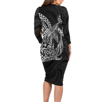 Hawaiian Whales Polynesian Art Motifs Long Sleeve Bodycon Dress Black Color - Polynesian Pride