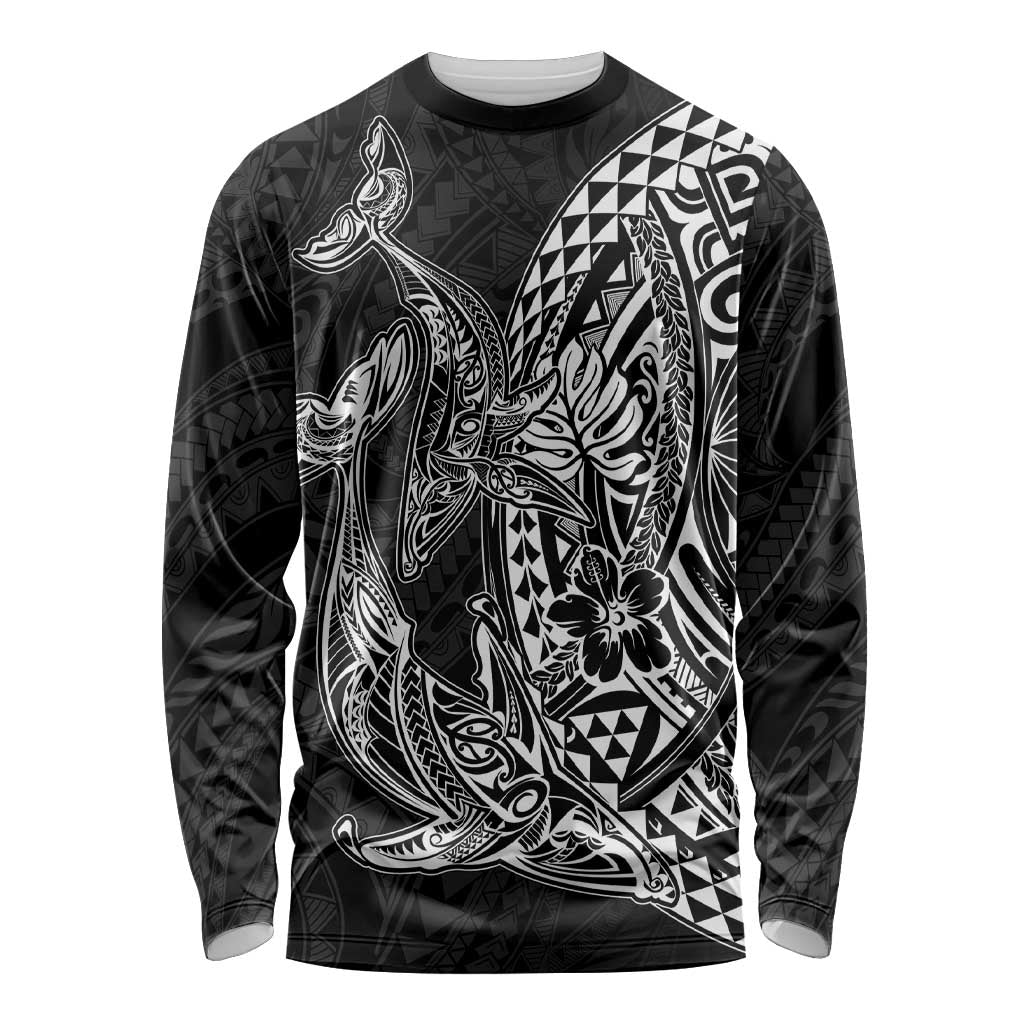 Hawaiian Whales Polynesian Art Motifs Long Sleeve Shirt Black Color LT03 Unisex Black - Polynesian Pride