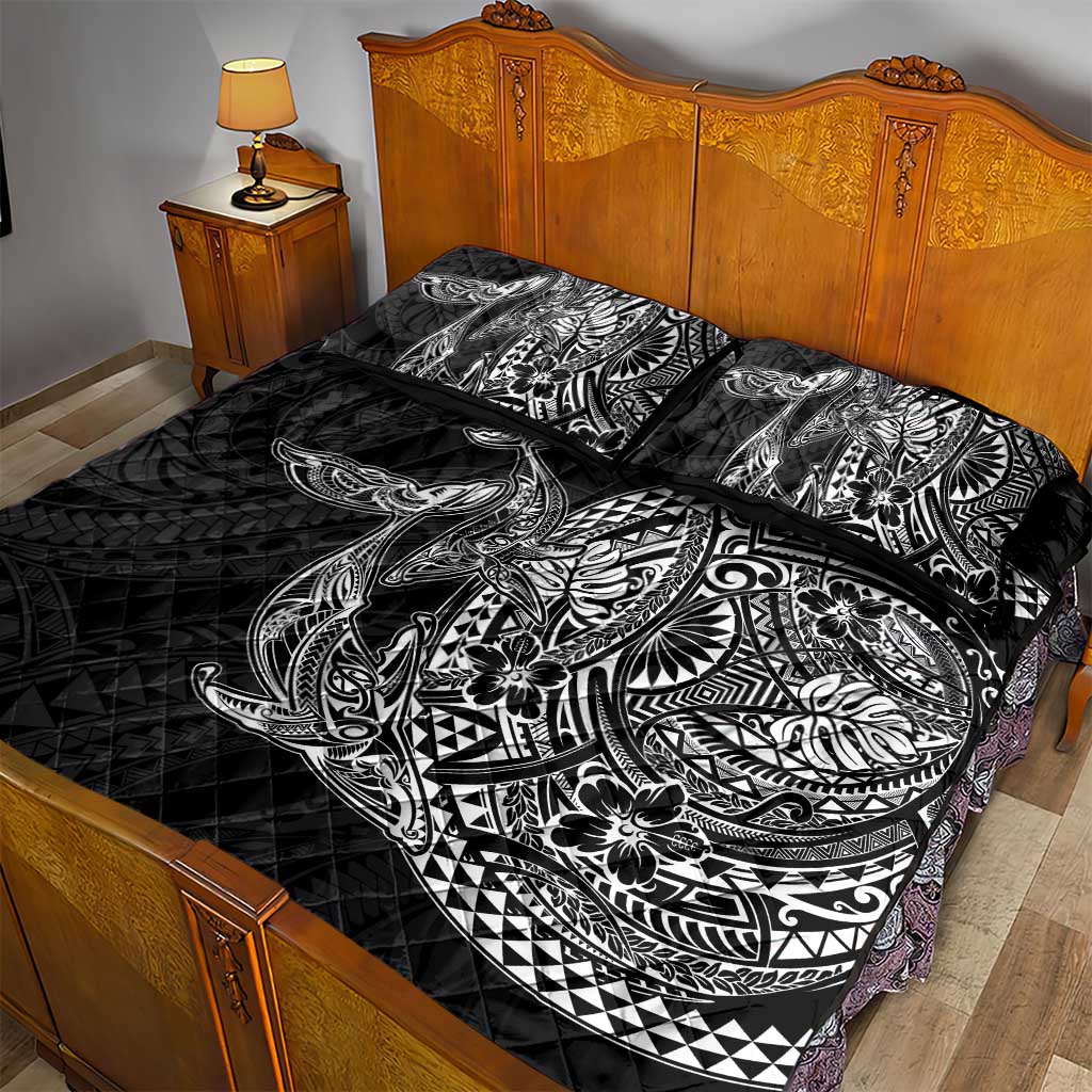Hawaiian Whales Polynesian Art Motifs Quilt Bed Set Black Color - Polynesian Pride