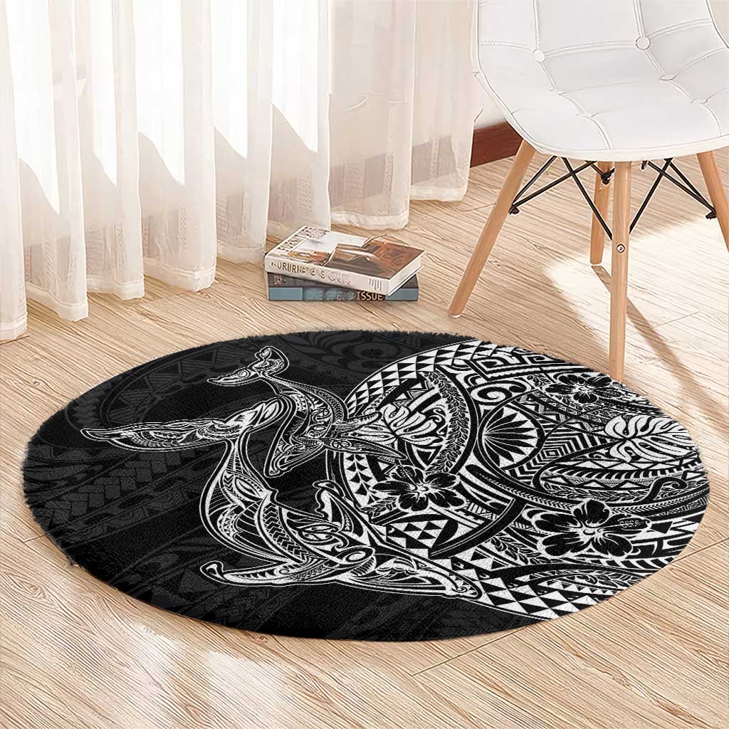 Hawaiian Whales Polynesian Art Motifs Round Carpet Black Color - Polynesian Pride