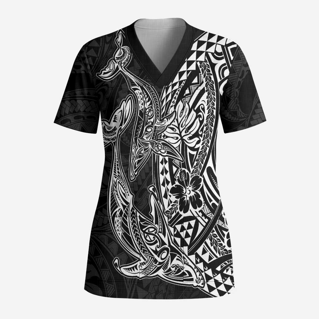 Hawaiian Whales Polynesian Art Motifs Scrub Top Black Color LT03 Adult Black - Polynesian Pride