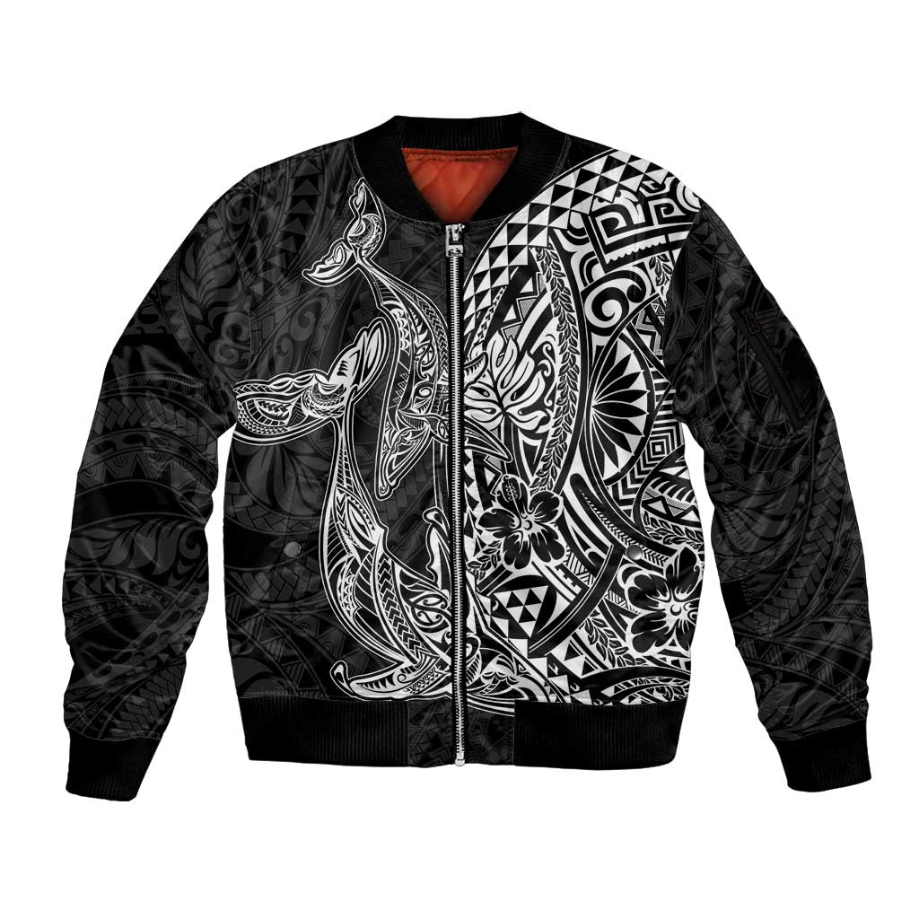 Hawaiian Whales Polynesian Art Motifs Sleeve Zip Bomber Jacket Black Color LT03 Unisex Black - Polynesian Pride
