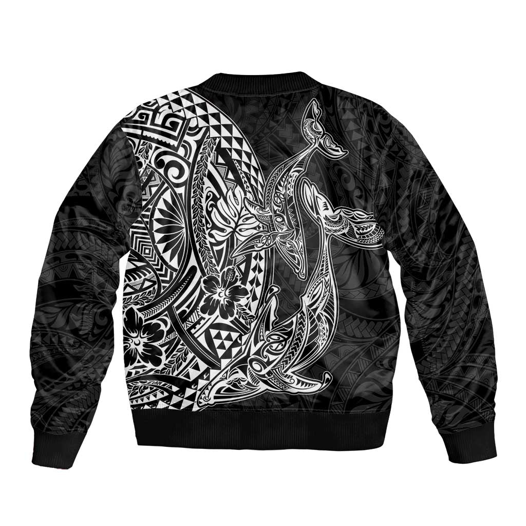 Hawaiian Whales Polynesian Art Motifs Sleeve Zip Bomber Jacket Black Color - Polynesian Pride