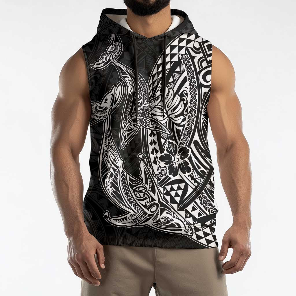 Hawaiian Whales Polynesian Art Motifs Sleeveless Hoodie Black Color - Polynesian Pride