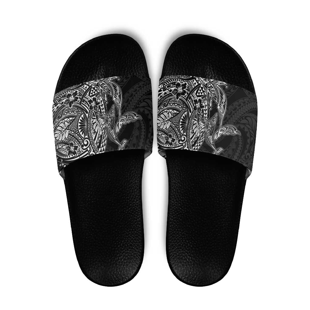 Hawaiian Whales Polynesian Art Motifs Slide Sandals Black Color LT03 Black - Polynesian Pride