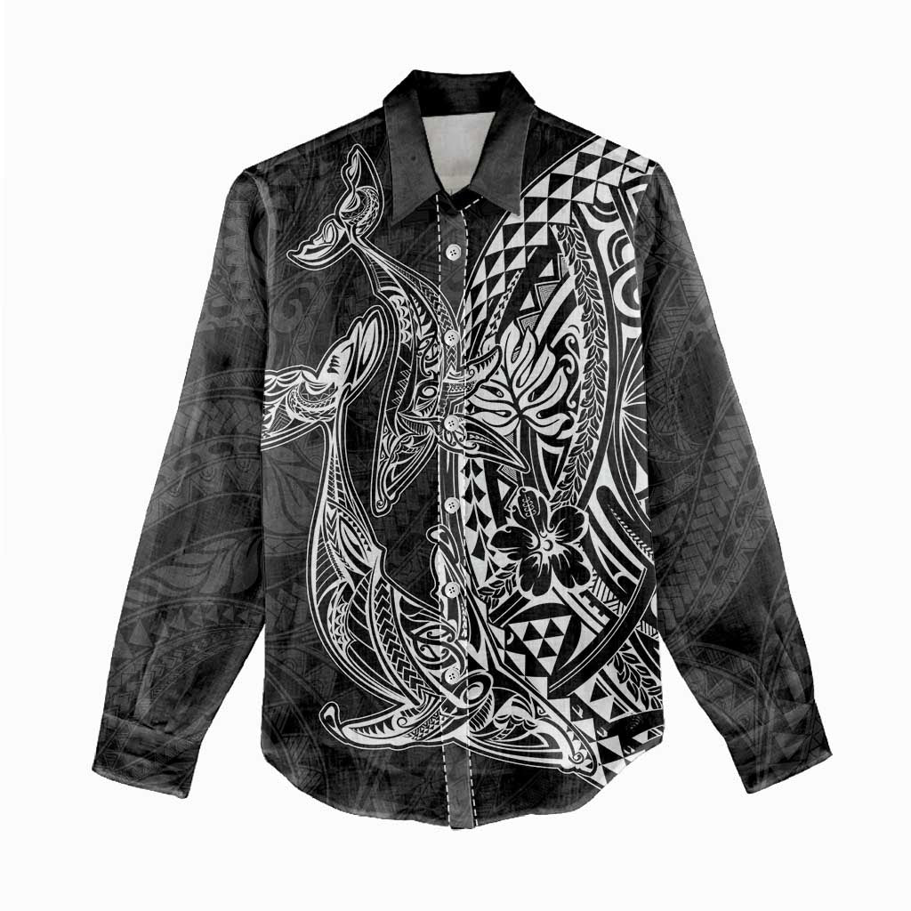 Hawaiian Whales Polynesian Art Motifs Women Casual Shirt Black Color - Polynesian Pride