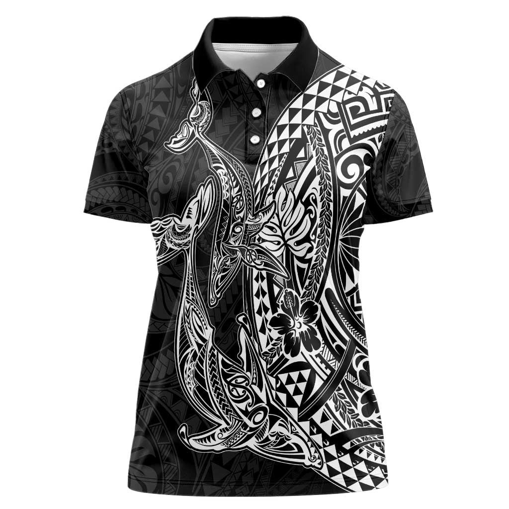 Hawaiian Whales Polynesian Art Motifs Women Polo Shirt Black Color - Polynesian Pride