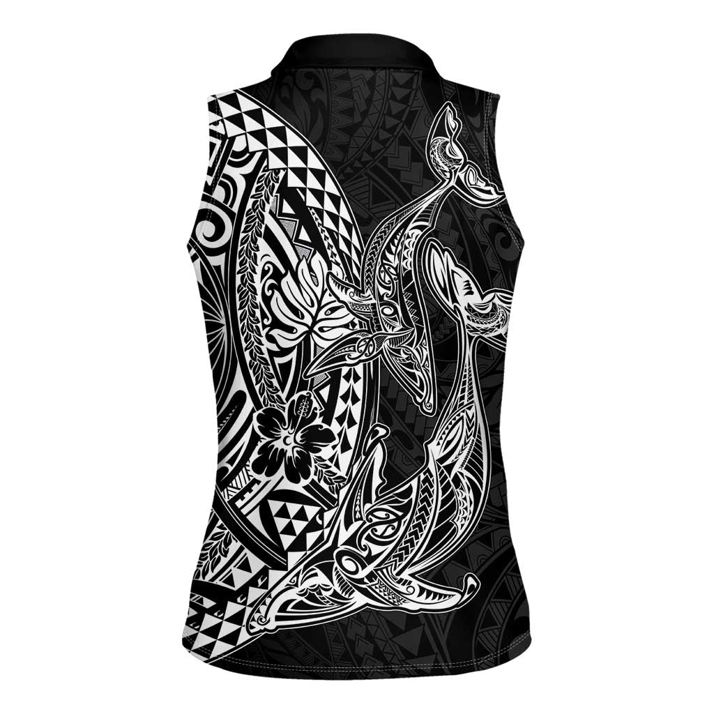 Hawaiian Whales Polynesian Art Motifs Women Sleeveless Polo Shirt Black Color - Polynesian Pride