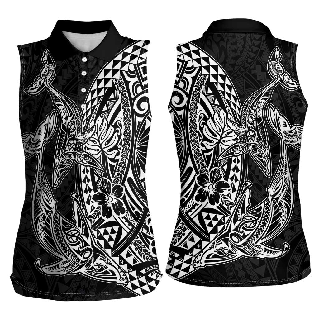 Hawaiian Whales Polynesian Art Motifs Women Sleeveless Polo Shirt Black Color - Polynesian Pride