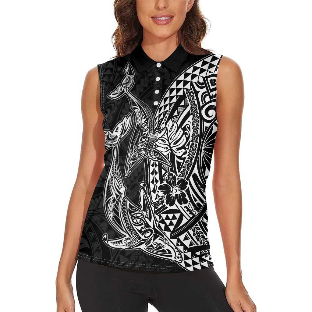 Hawaiian Whales Polynesian Art Motifs Women Sleeveless Polo Shirt Black Color - Polynesian Pride