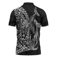 Hawaiian Whales Polynesian Art Motifs Zipper Polo Shirt Black Color - Polynesian Pride