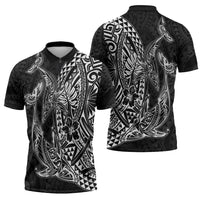 Hawaiian Whales Polynesian Art Motifs Zipper Polo Shirt Black Color - Polynesian Pride