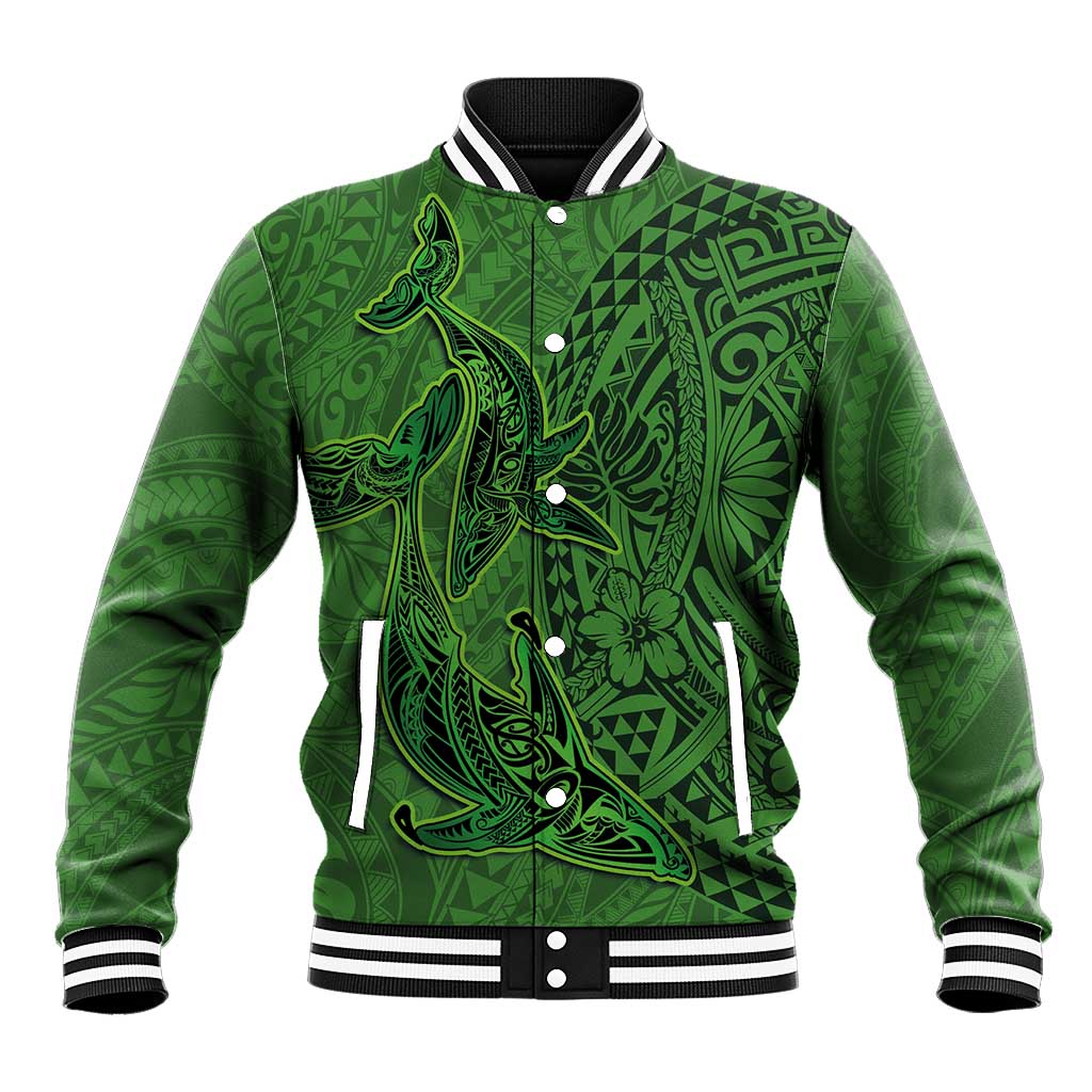 Hawaiian Whales Polynesian Art Motifs Baseball Jacket Green Color - Polynesian Pride
