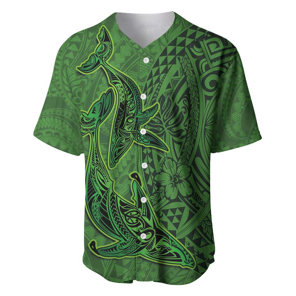 Hawaiian Whales Polynesian Art Motifs Baseball Jersey Green Color - Polynesian Pride