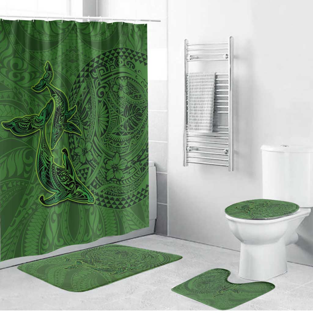 Hawaiian Whales Polynesian Art Motifs Bathroom Set Green Color - Polynesian Pride