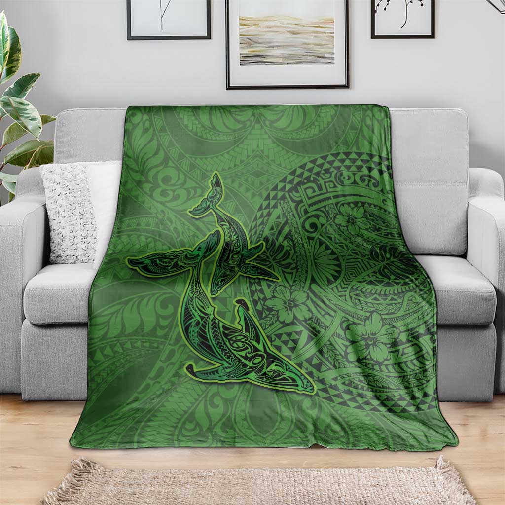 Hawaiian Whales Polynesian Art Motifs Blanket Green Color - Polynesian Pride