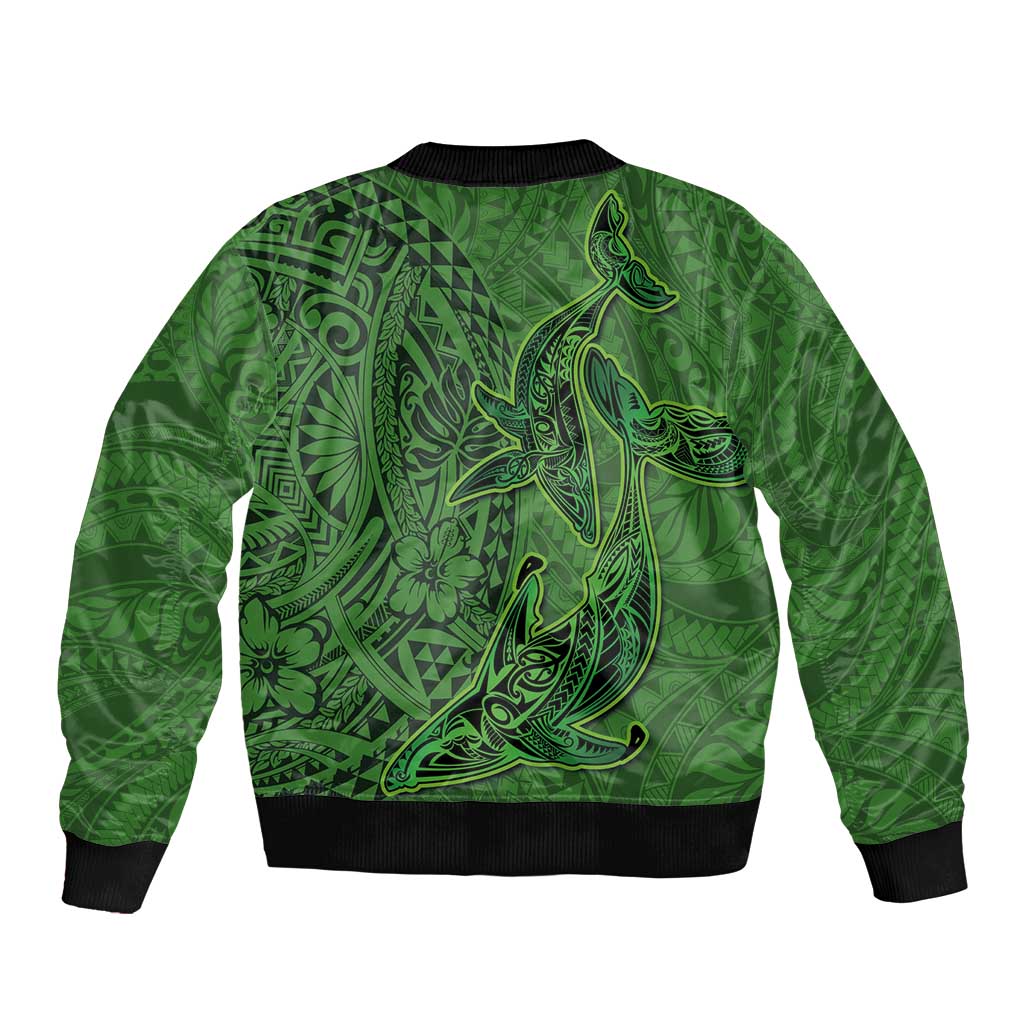 Hawaiian Whales Polynesian Art Motifs Bomber Jacket Green Color - Polynesian Pride