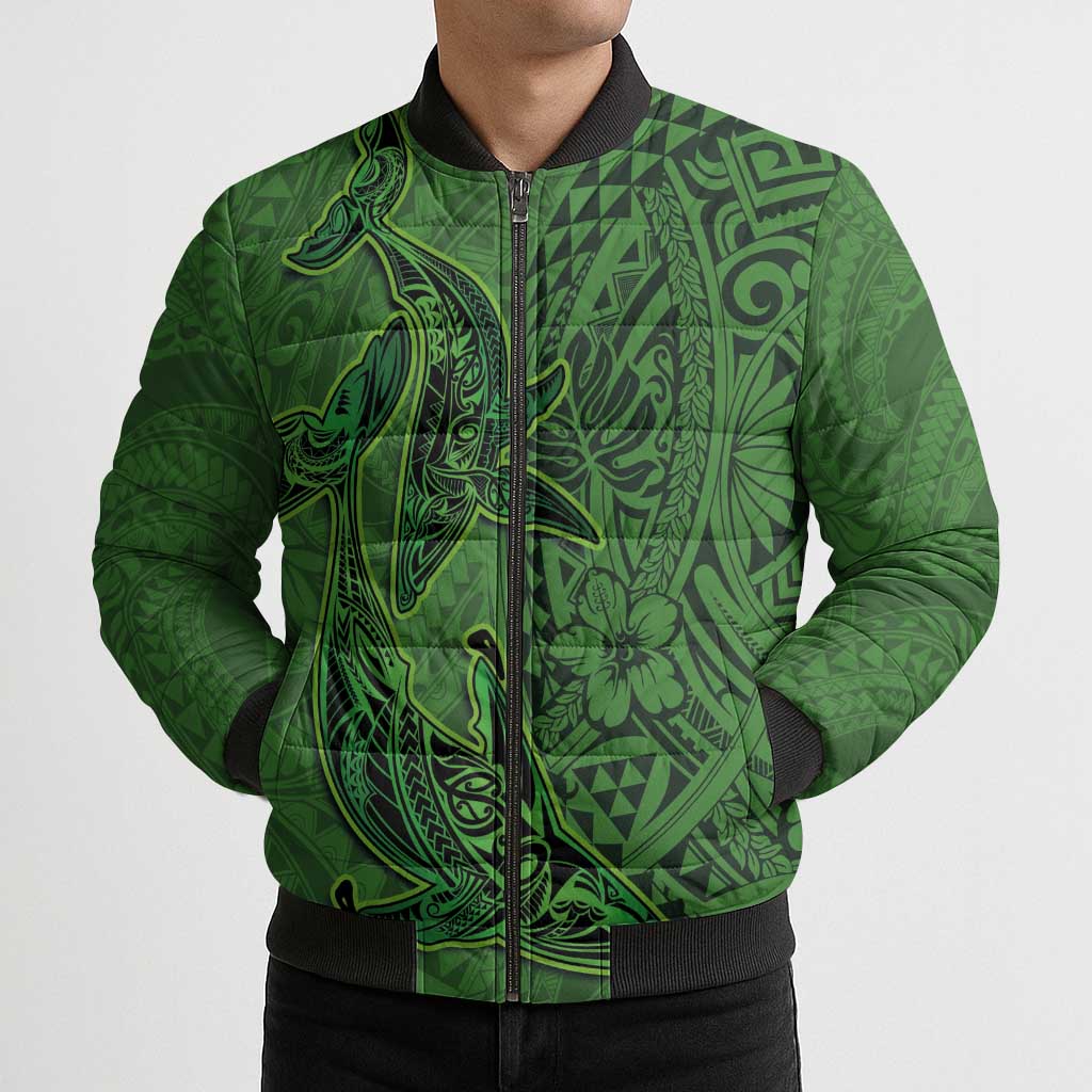 Hawaiian Whales Polynesian Art Motifs Bomber Puffer Jacket Green Color - Polynesian Pride