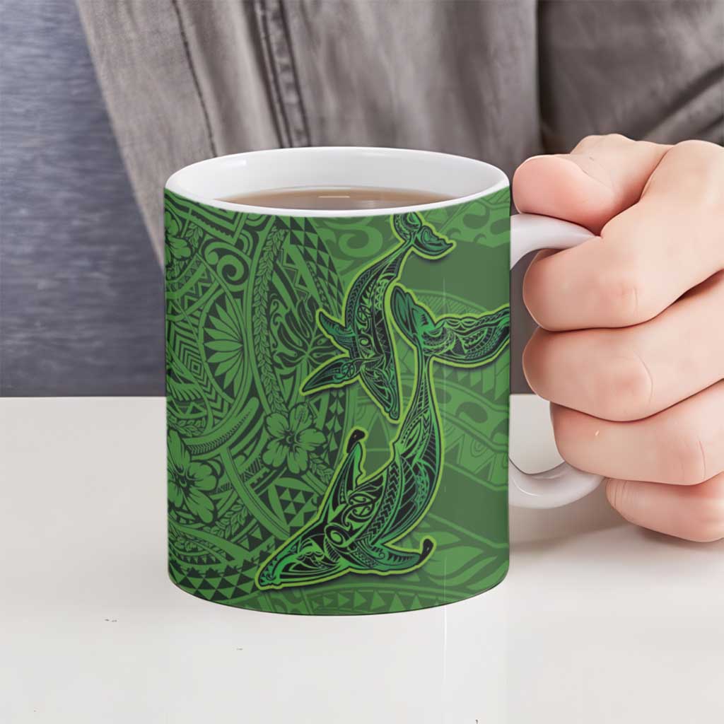 Hawaiian Whales Polynesian Art Motifs Ceramic Mug Green Color - Polynesian Pride