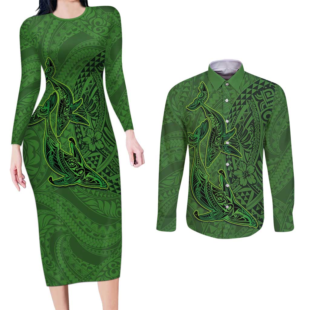 Hawaiian Whales Polynesian Art Motifs Couples Matching Long Sleeve Bodycon Dress and Long Sleeve Button Shirt Green Color - Polynesian Pride