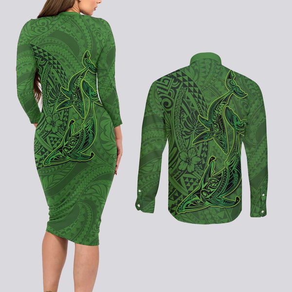 Personalized Cook Islands Rarotonga Couples Matching Long Sleeve Bodycon Dress and Long Sleeve Button Shirts Coat Of Arms Plumeria Polynesian Turtle LT05 main image 1