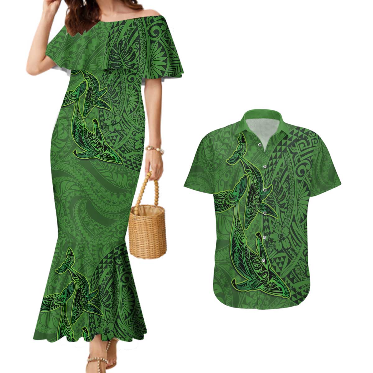 Hawaiian Whales Polynesian Art Motifs Couples Matching Mermaid Dress and Hawaiian Shirt Green Color - Polynesian Pride