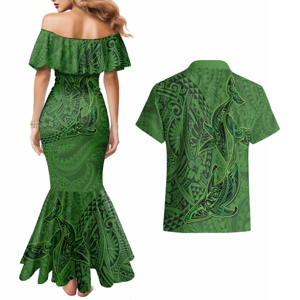 Hawaiian Whales Polynesian Art Motifs Couples Matching Mermaid Dress and Hawaiian Shirt Green Color - Polynesian Pride